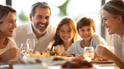 A joyful family gathering around a dinner table, sharing food and laughter.