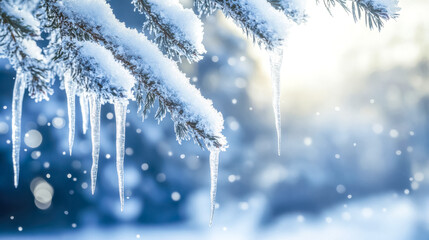 Snow covered pine tree branch with icicles during snowfall