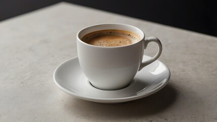 A clean, white coffee cup sitting on a smooth, neutral-colored surface with soft natural lighting, emphasizing the simplicity of the design.