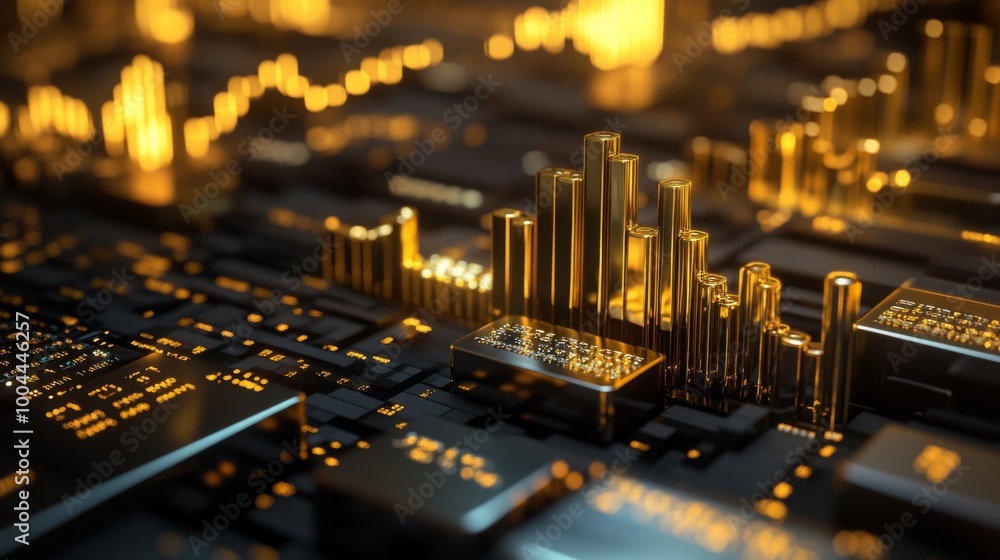 Fototapete A 3D financial bar graph with gold and silver bars, rising on a dark background with floating currency symbols and glowing data labels, representing stock market performance