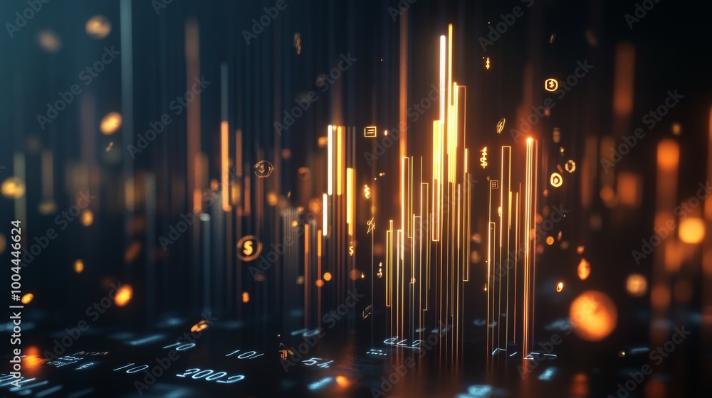 Leinwandbilder a 3d financial bar graph with gold and silver bars, rising on a dark background with floating curren