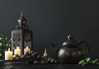 Ramadan Minimalist Background with Teapot and Dates