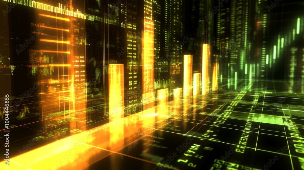 Poster a 3d financial graph showing a steady rise in business revenue, with reflective bars and glowing num
