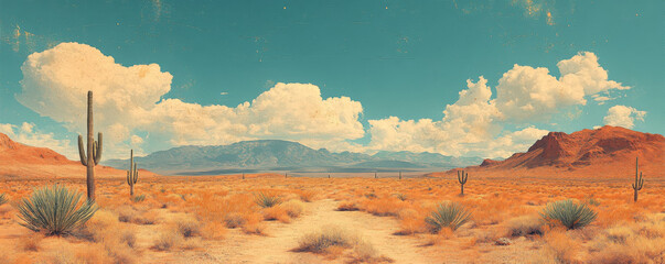 The Arizona desert, a vast landscape, features cacti and mountains in the background, with a vintage, retro aesthetic. The image is ultra-realistic and cinematic in style.