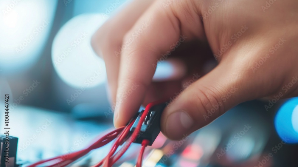 Aufkleber a hand connects wires to a component on a circuit board, emphasizing technology and electronics.