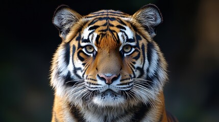 Fototapeta premium A close-up view of a Bengal tiger showcasing its intense gaze and distinct striped fur in a natural habitat during the day