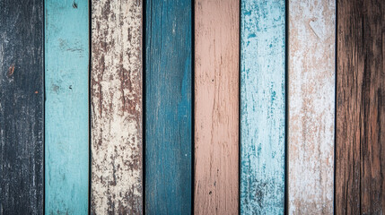 Texture of vintage wood boards with cracked paint of white, red, yellow, green and blue color. Horizontal retro background with old wooden planks of different colors