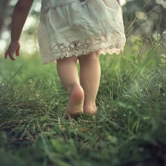 Bare feet of a person walking on the grass