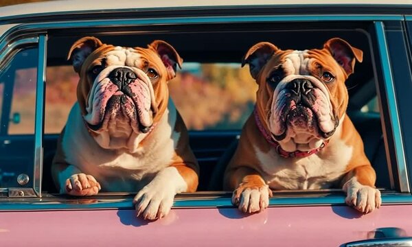 With their ears flapping in the breeze, two playful bulldogs gaze out of a car window, soaking up the sun and the vibrant beauty of the outdoors