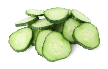 Pile of fresh cut cucumber slices isolated on white
