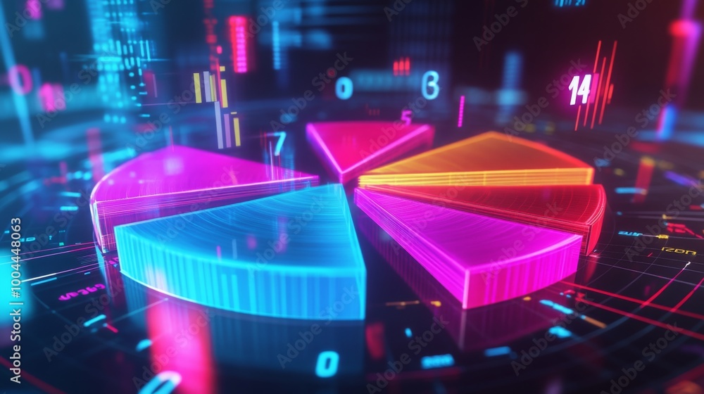 Poster a 3d pie chart with transparent slices in bright colors, rotating in mid-air, with numbers and data 