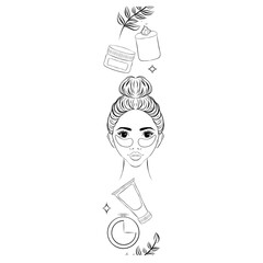 Spa day care line border background. Vector seamless pattern with outline festive items. home spa decoration, cream, timer, candle, girl portrait, patches, flower

