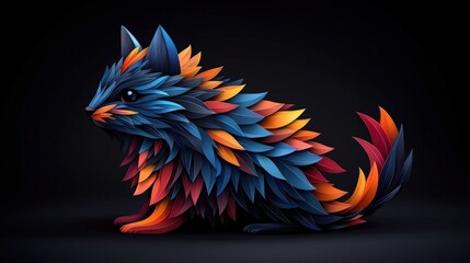 Naklejka premium Colorful stylized cat silhouette with layered leaves against dark background.