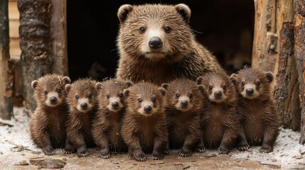 Obraz premium A mother bear and her seven playful cubs gather outside their den in a forest setting during early spring