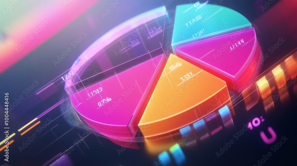 Fototapete a 3d pie chart with transparent slices in bright colors, rotating in mid-air, with numbers and data 