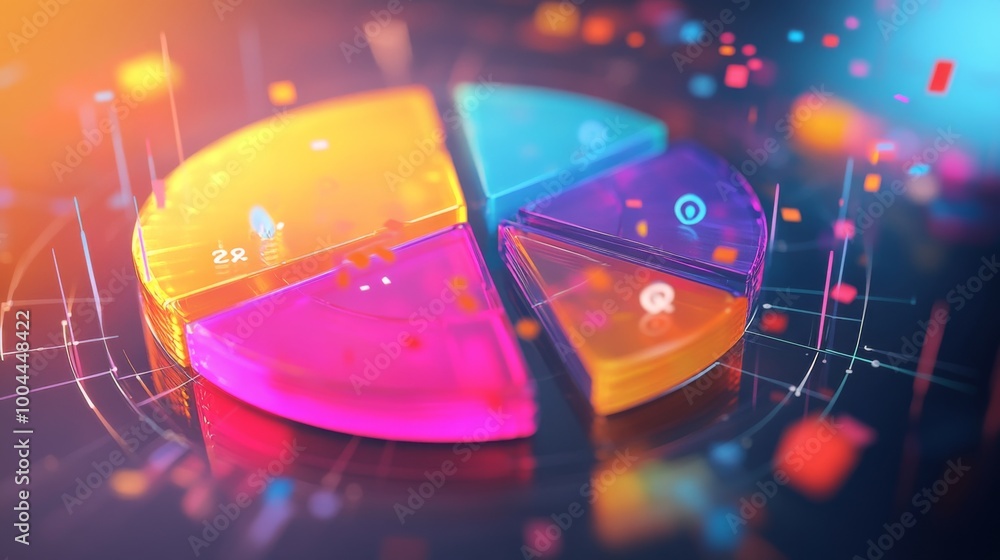 Fototapete a 3d pie chart with transparent slices in bright colors, rotating in mid-air, with numbers and data 