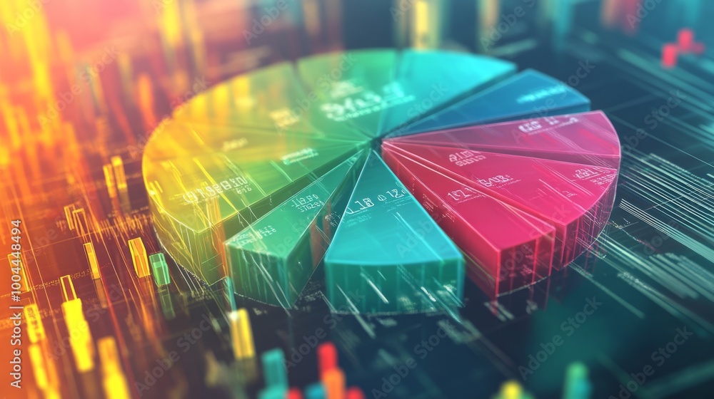 Leinwandbilder A 3D pie chart with transparent slices in bright colors, rotating in mid-air, with numbers and data labels floating around each segment in a digital environment