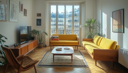 Fototapeta premium Modern Living Room with Yellow Sofa and Large Window