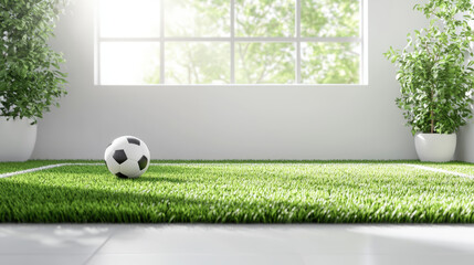 bright and inviting indoor space features football on lush green field, surrounded by potted plants. sunlight streaming through window creates cheerful atmosphere