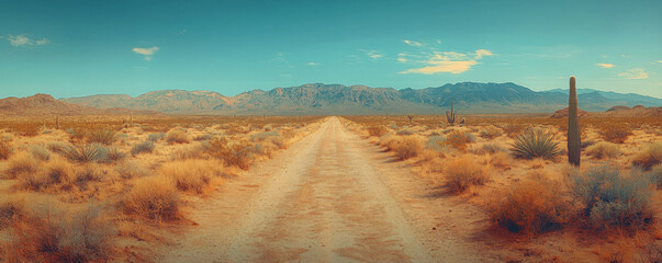 The Arizona desert, a vast landscape, features cacti and mountains in the background, with a vintage, retro aesthetic. The image is ultra-realistic and cinematic in style.