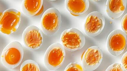 Sliced soft boiled eggs on white background