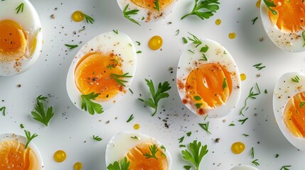 Sliced soft boiled eggs on white background