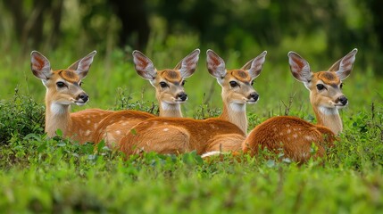 Four deer resting in a lush green field during a sunny day in a serene forest setting