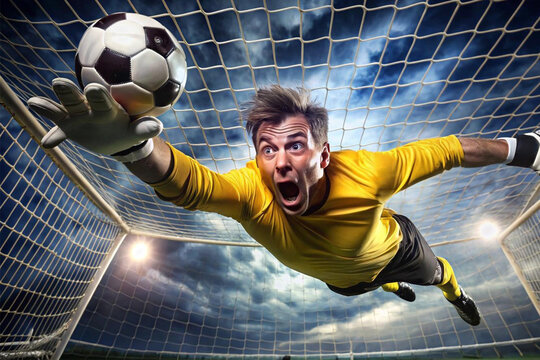Diving goalkeeper with fierce expression making save in soccer