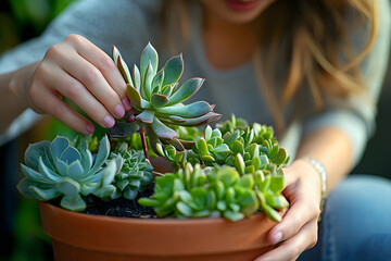 Woman planting succulent plant into new pot.