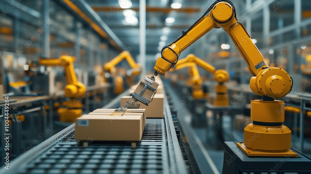 Poster automated robotic arms working on a production line in a warehouse during daytime operations
