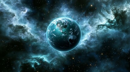 Obraz premium A blue planet with a swirling nebula in the background.