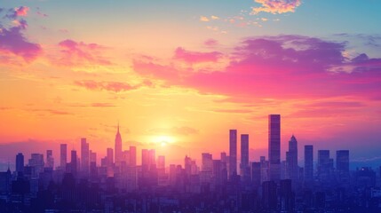 Fototapeta premium A beautiful sunset view of a city skyline featuring high-rise buildings silhouetted against a colorful sky, creating a picturesque moment of urban tranquility.