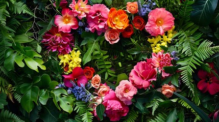 A close up view of heart shaped floral crown made from vibrant blooms surrounded by greenery