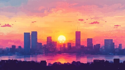 Fototapeta premium A beautiful sunset view of a city skyline featuring high-rise buildings silhouetted against a colorful sky, creating a picturesque moment of urban tranquility.
