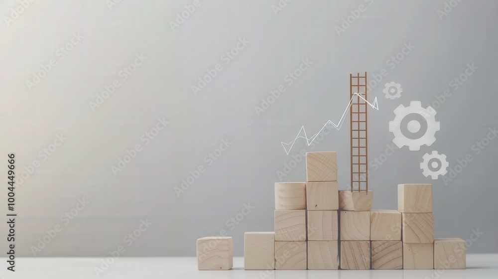 Poster wooden blocks stacked in steps with a ladder beside them and gears in the background. represents pro