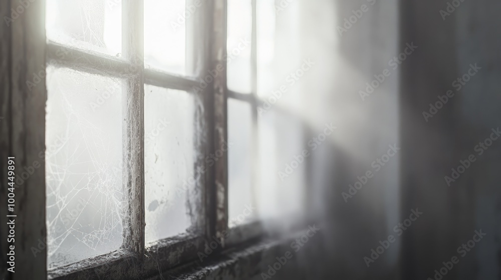 Poster Sunlight streaming through a dusty, cobwebbed window, creating a serene atmosphere.