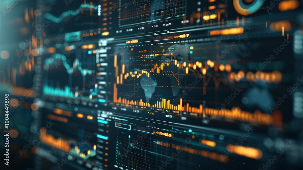 Poster detailed view of multiple stock market graphs and data analysis on glowing orange and blue digital s