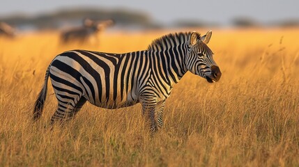 A majestic zebra stands in golden grasslands of Africa during the warm glow of late afternoon sunlight