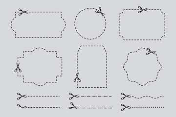 Ilustración vectorial de tijeras. Colección de marcos vectoriales para corte aislados.