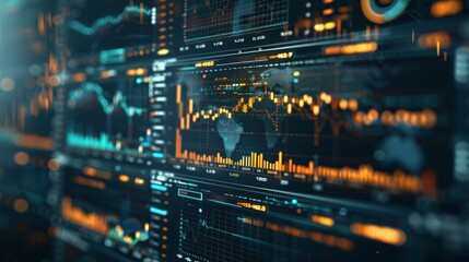 Obraz premium Detailed view of multiple stock market graphs and data analysis on glowing orange and blue digital screens. The high-tech interface shows real-time financial trading and market insights.