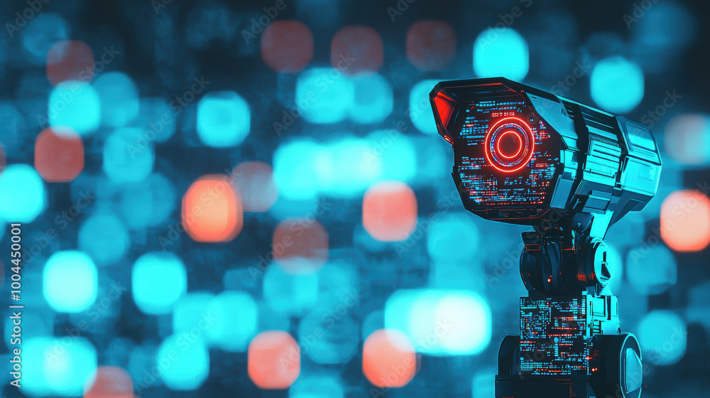 Poster futuristic security camera with digital data display, showcasing advanced technology and vibrant col