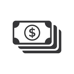 Stack of money icon. Bank note icon flat black color.