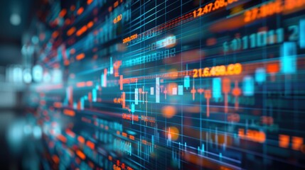 Fototapeta premium Close-up digital stock market board displaying red numbers and fluctuating graphs. Real-time data represents fast-moving trading activity and market fluctuations in global financial environment.