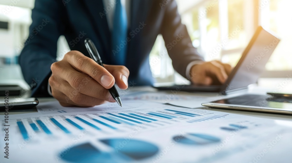 Poster a business professional analyzing reports and data on a desk with a laptop.
