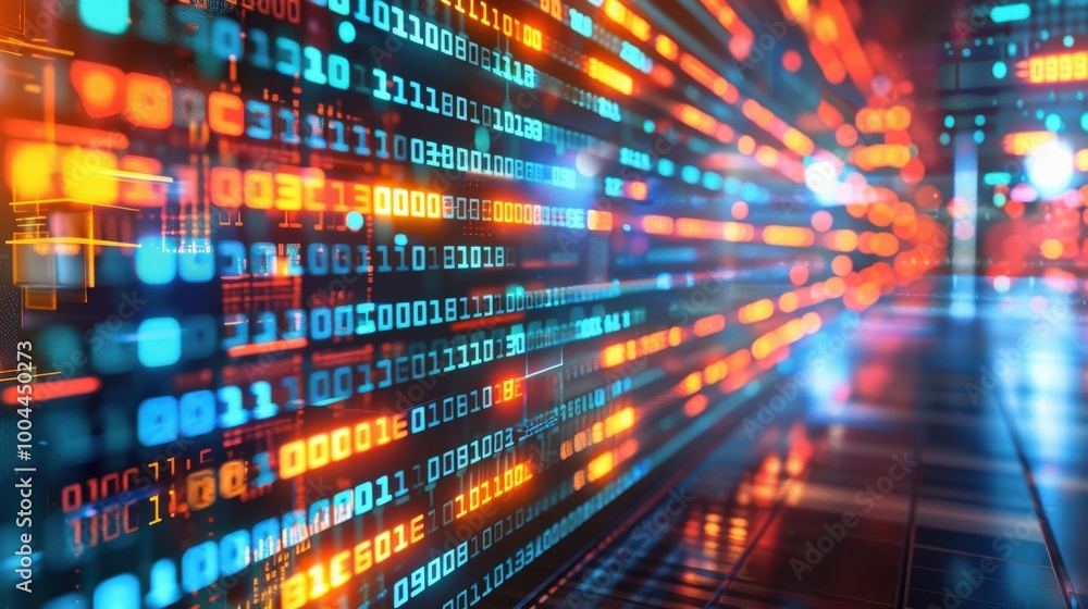 Poster close-up colorful binary code with bright neon lights, representing blockchain data transfer, dynami