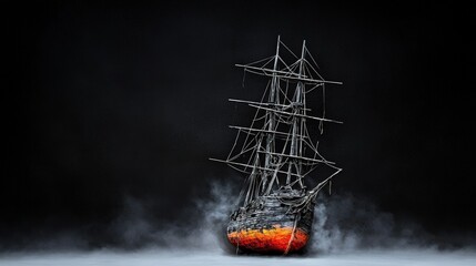 Obraz premium Detailed model of a ship in flames, smoke, dark background.