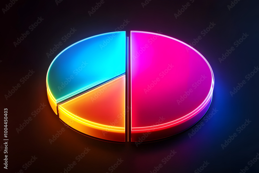 Poster a neon glowing pie chart against a dark background, symbolizing data visualization and modern digita
