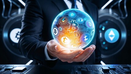 Businessman hand holding globe with cryptocurrencies 