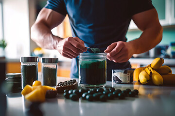 A fitness enthusiast preparing a spirulina shake with protein powder and fruits, with the kitchen in the background.