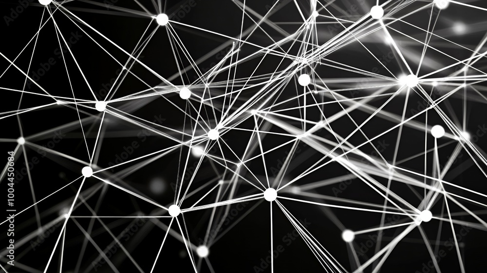 Poster abstract network of white lines and dots on a black background